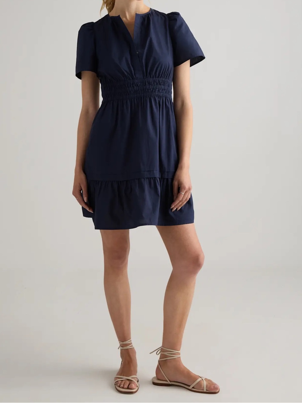 Quince Navy Short Puff Sleeve Smocked Waist Mini Dress